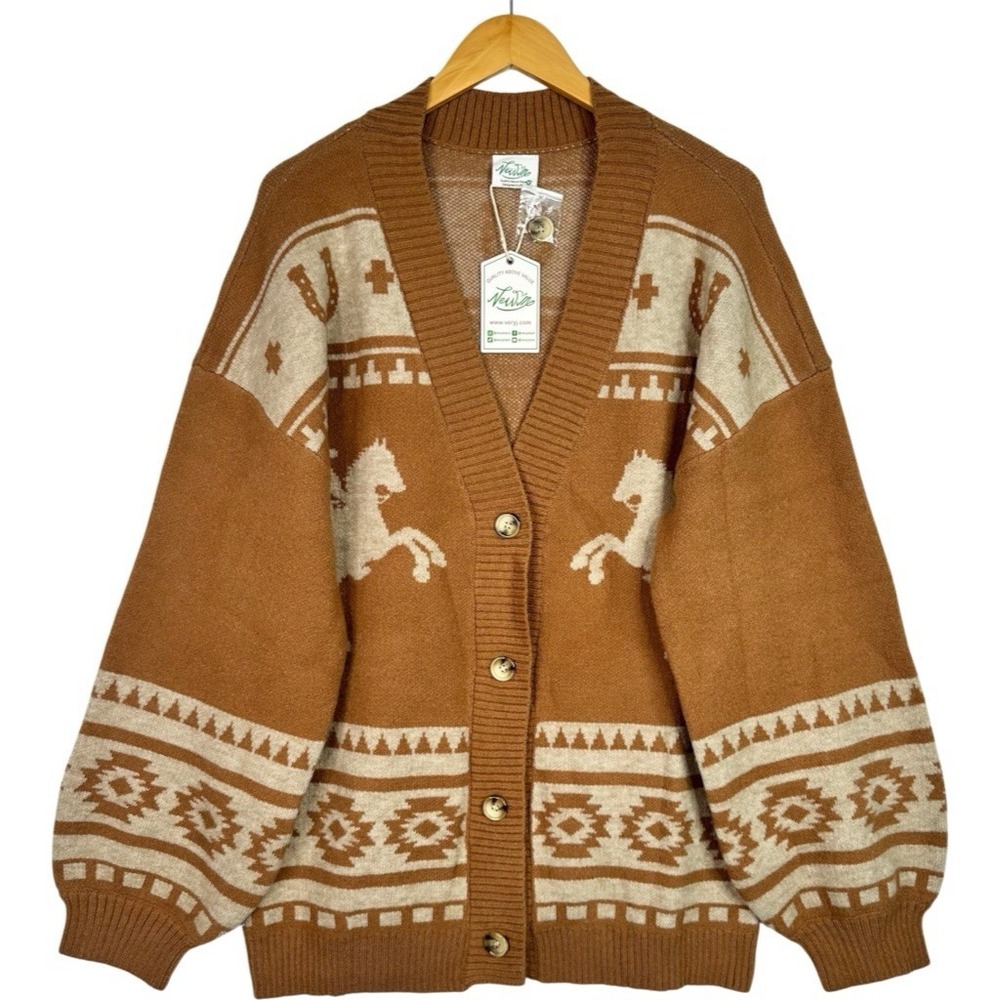 Very J Western Horse Cardigan Women M Camel NWT Oversized Southwestern Cowboy